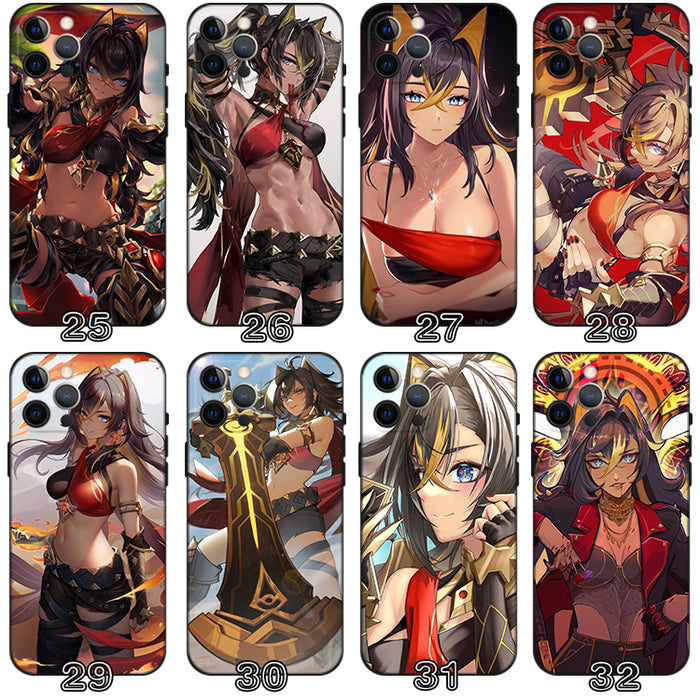 Genshin Impact Dehya Phone Case: Features & Protection: black, red anime-style female characters; one case has an abstract gr