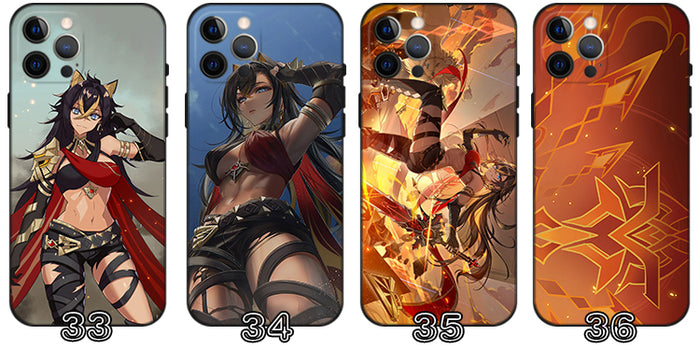 Genshin Impact Dehya Phone Case: Features & Protection: black, red anime-style female characters; one case has an abstract gr