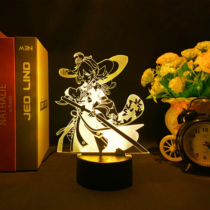 Genshin Impact Kaedehara Kazuha LED Lamp: green, black anime-style witch character, cartoon, anime-inspired style