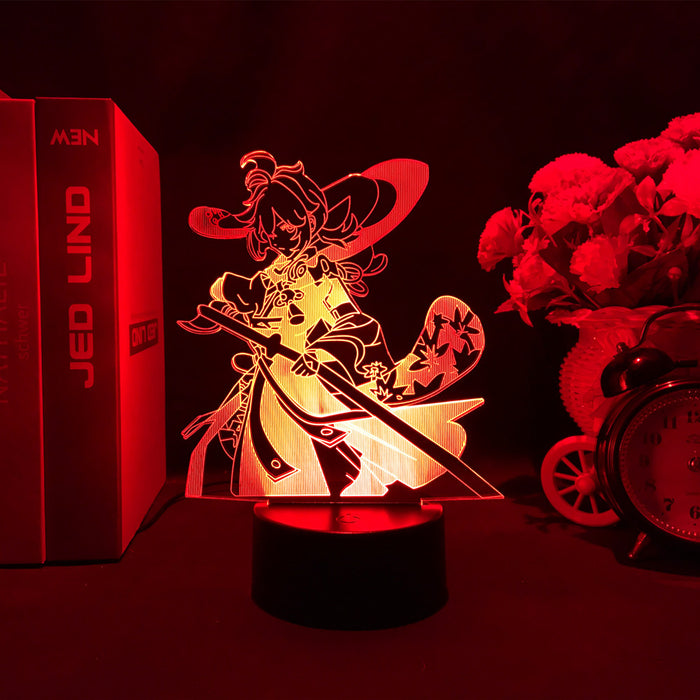 Genshin Impact Kaedehara Kazuha LED Lamp: green, black anime-style witch character, cartoon, anime-inspired style