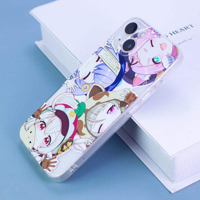 Genshin Impact Lolis Phone Case: white, pink anime-style female characters, kawaii anime cartoon style