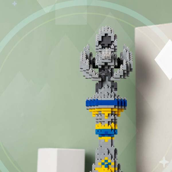 Genshin Impact Mini Blocks Assembly Kit: light gray, dark gray hooded skeletal character, pixelated cartoon style