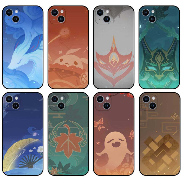 Genshin Impact Namecard Phone Cases: blue, orange stylized fantasy/game-inspired motifs, cartoon, decorative, fantasy-inspire