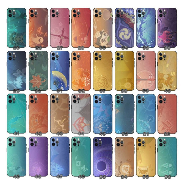 Genshin Impact Namecard Phone Cases: teal, blue nature, floral, animal, and abstract illustrated themes, cartoon, decorative