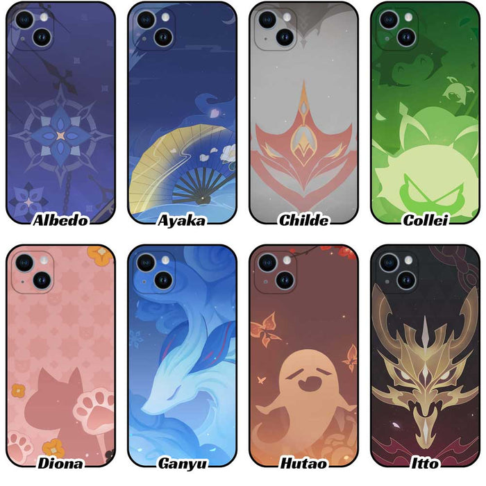 Genshin Impact Namecard Phone Cases: blue, orange stylized fantasy/game-inspired motifs, cartoon, decorative, fantasy-inspire
