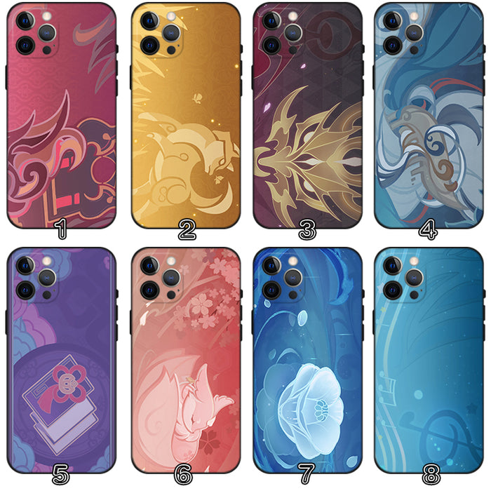 Genshin Impact Namecard Phone Cases: teal, blue nature, floral, animal, and abstract illustrated themes, cartoon, decorative