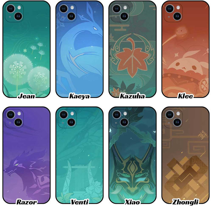 Genshin Impact Namecard Phone Cases: blue, orange stylized fantasy/game-inspired motifs, cartoon, decorative, fantasy-inspire