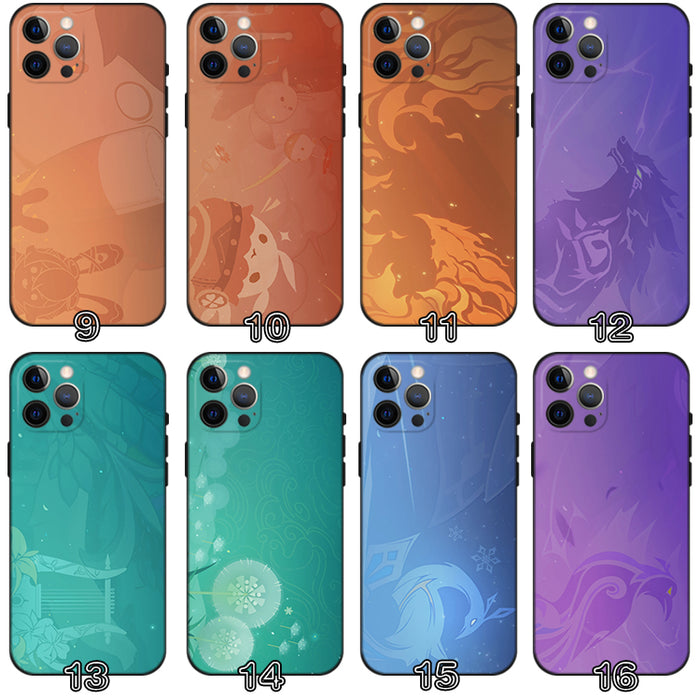 Genshin Impact Namecard Phone Cases: teal, blue nature, floral, animal, and abstract illustrated themes, cartoon, decorative