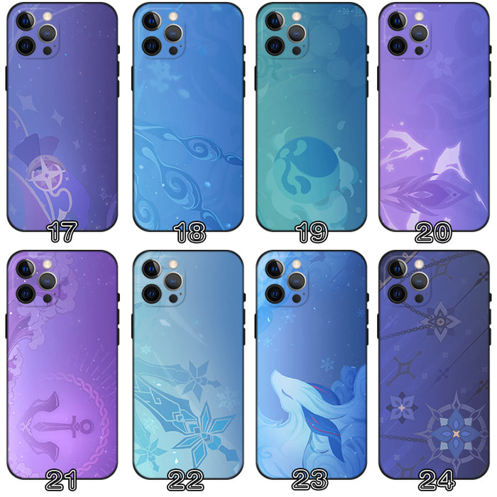 Genshin Impact Namecard Phone Cases: teal, blue nature, floral, animal, and abstract illustrated themes, cartoon, decorative