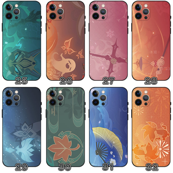 Genshin Impact Namecard Phone Cases: teal, blue nature, floral, animal, and abstract illustrated themes, cartoon, decorative