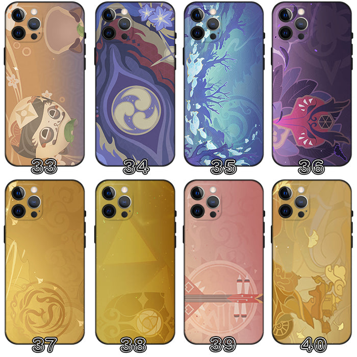 Genshin Impact Namecard Phone Cases: teal, blue nature, floral, animal, and abstract illustrated themes, cartoon, decorative