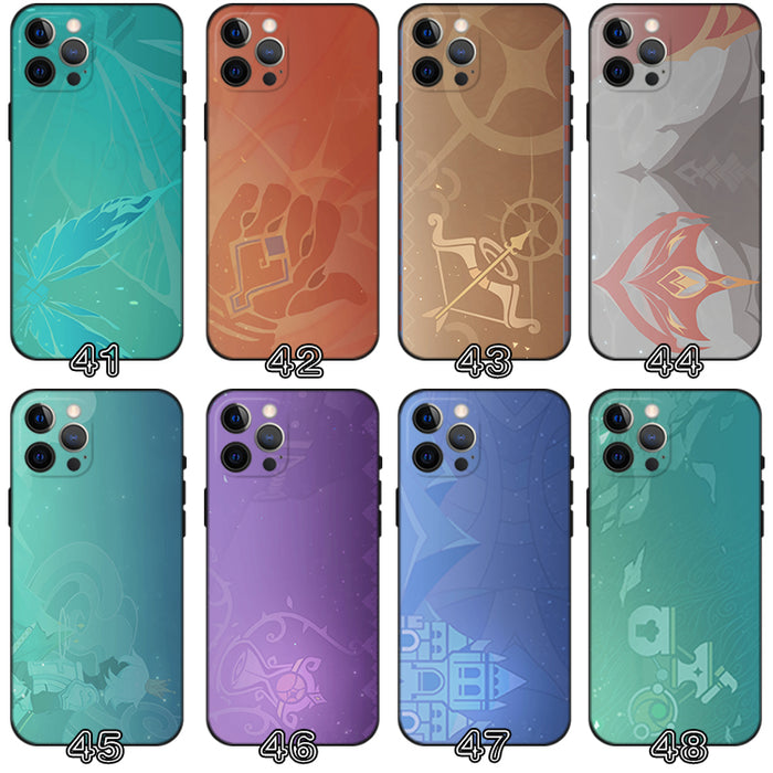 Genshin Impact Namecard Phone Cases: teal, blue nature, floral, animal, and abstract illustrated themes, cartoon, decorative