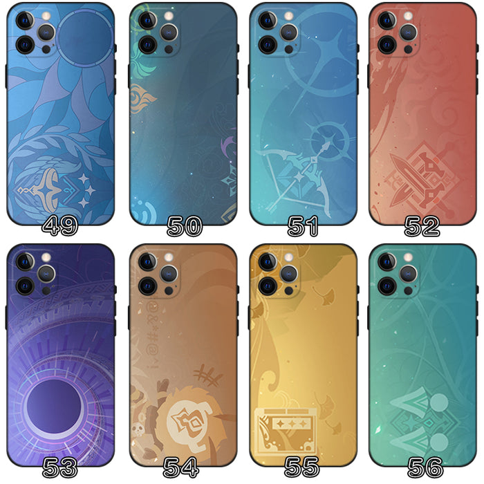 Genshin Impact Namecard Phone Cases: teal, blue nature, floral, animal, and abstract illustrated themes, cartoon, decorative