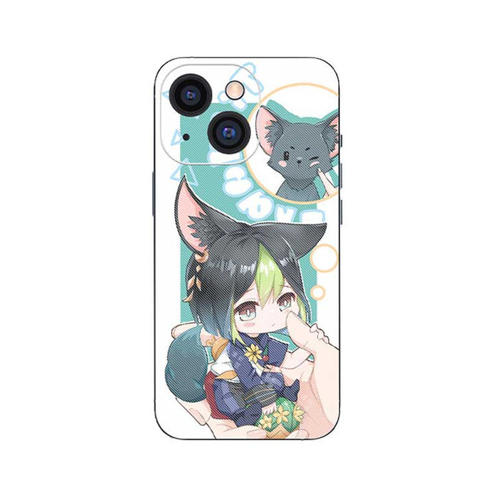 Genshin Impact Phone Cases with Tighnari and Collei: white, teal anime-style cat-eared girl and gray cat, kawaii anime cartoo