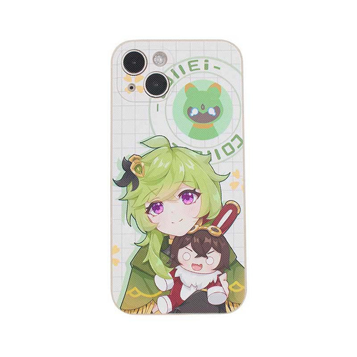 Genshin Impact Phone Cases with Tighnari and Collei: white, teal anime-style cat-eared girl and gray cat, kawaii anime cartoo