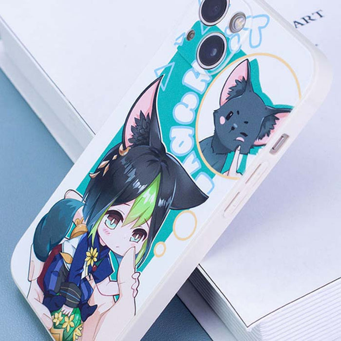 Genshin Impact Phone Cases with Tighnari and Collei: white, teal anime-style cat-eared girl and gray cat, kawaii anime cartoo