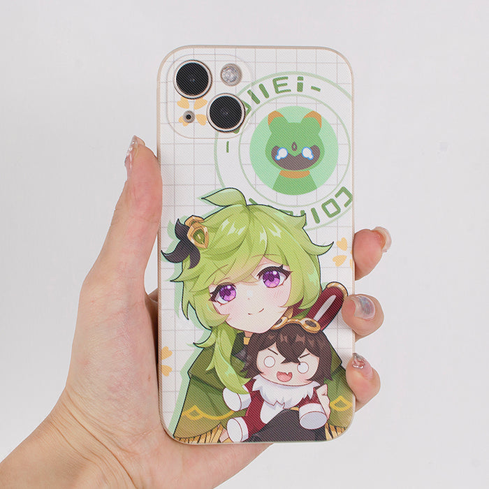Genshin Impact Phone Cases with Tighnari and Collei: white, teal anime-style cat-eared girl and gray cat, kawaii anime cartoo