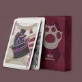Genshin Impact Playing Cards: Fontaine Characters: burgundy, white Joker character and paw print theme, cartoon, graphic, sty