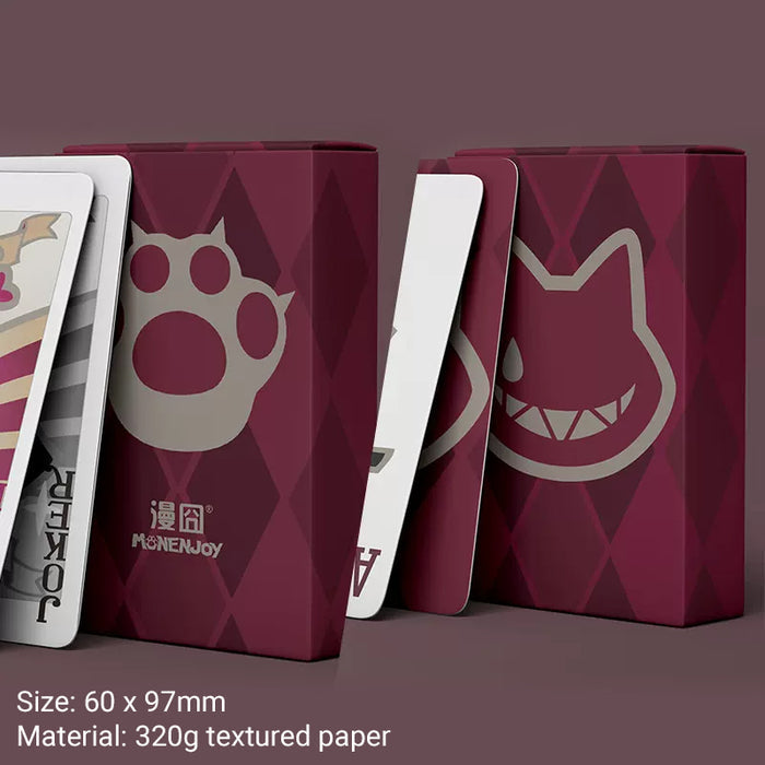 Genshin Impact Playing Cards: Fontaine Characters: burgundy, white Joker character and paw print theme, cartoon, graphic, sty