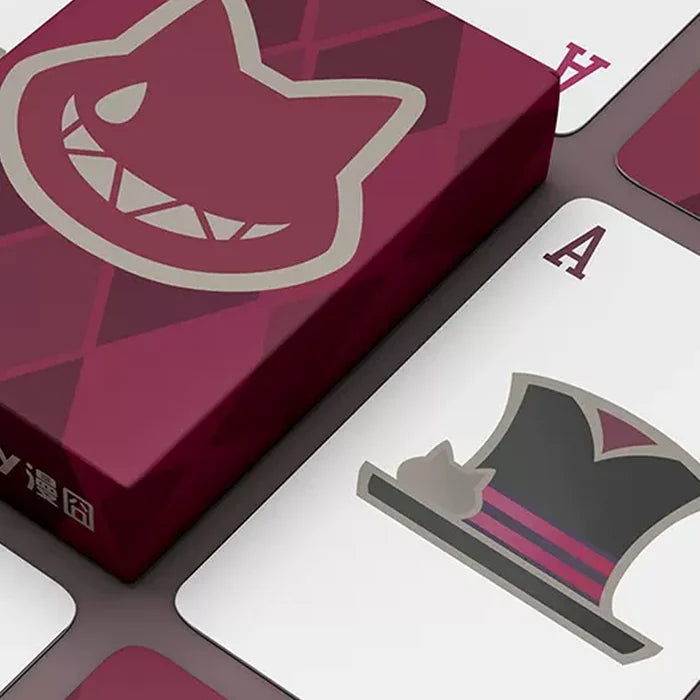 Genshin Impact Playing Cards: Fontaine Characters: burgundy, white Joker character and paw print theme, cartoon, graphic, sty