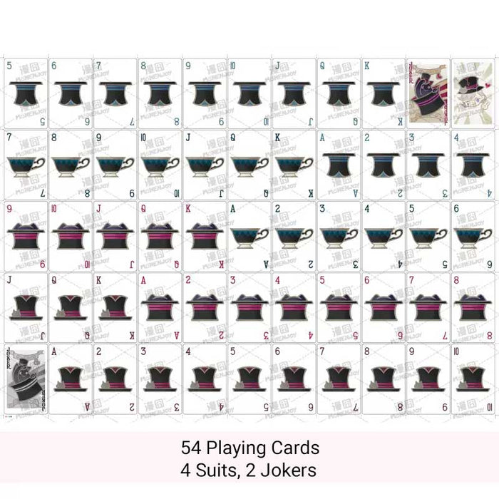 Genshin Impact Playing Cards: Fontaine Characters: burgundy, white Joker character and paw print theme, cartoon, graphic, sty