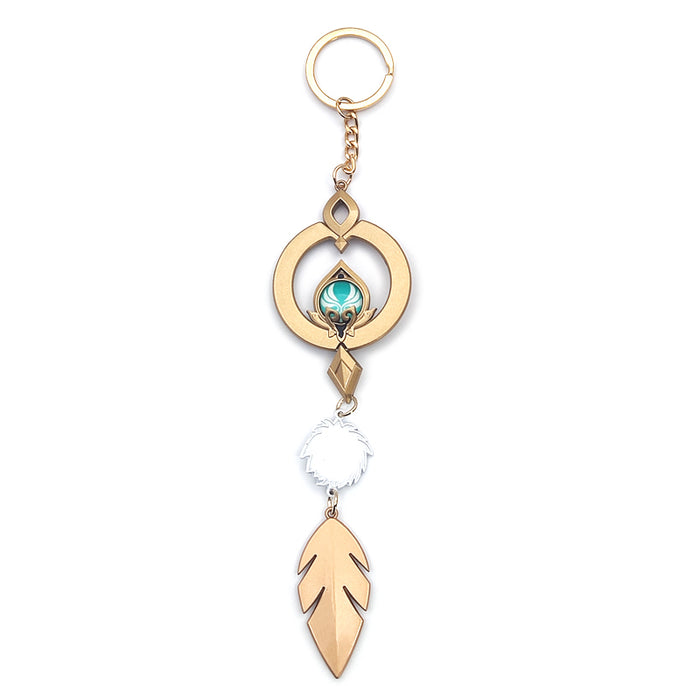 Genshin Impact Scaramouche Keychain: Glowing Vision: gold, turquoise ornamental feather motif, ornamental fantasy style
