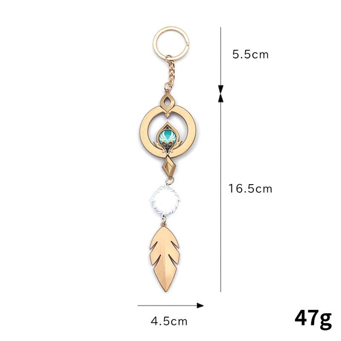 Genshin Impact Scaramouche Keychain: Glowing Vision: gold, turquoise ornamental feather motif, ornamental fantasy style
