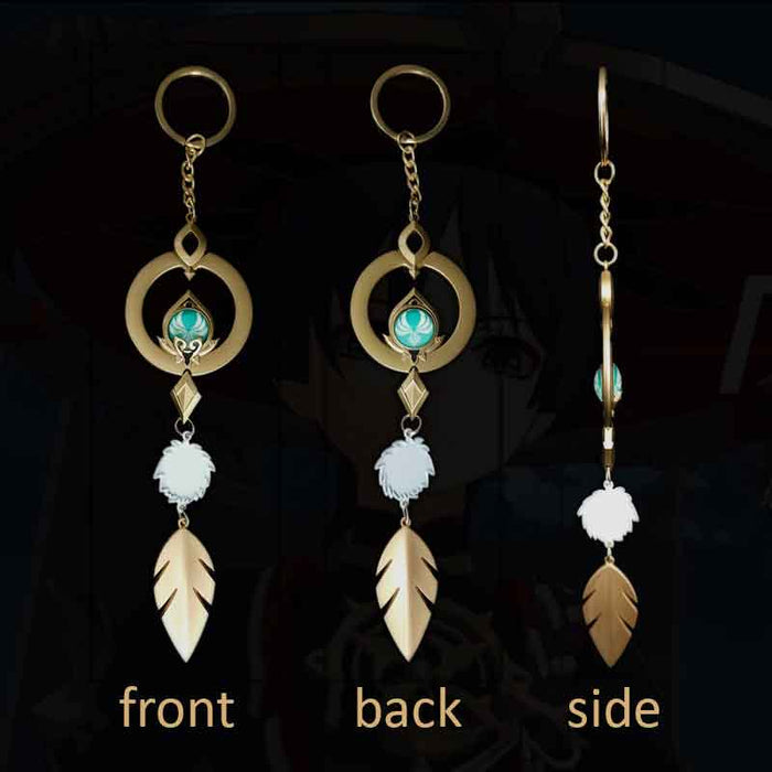 Genshin Impact Scaramouche Keychain: Glowing Vision: gold, turquoise ornamental feather motif, ornamental fantasy style