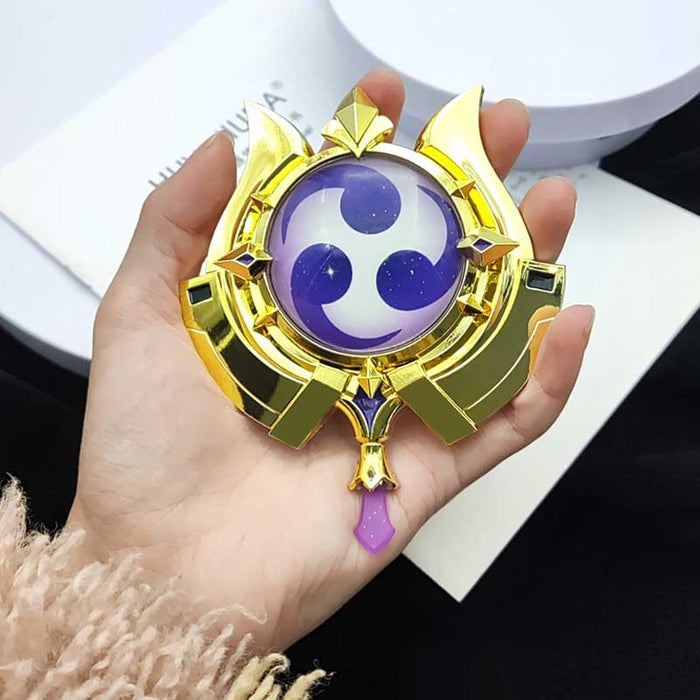 Genshin Impact Scaramouche Mirror: gold, purple three-comma swirl symbol, fantasy ornamental style