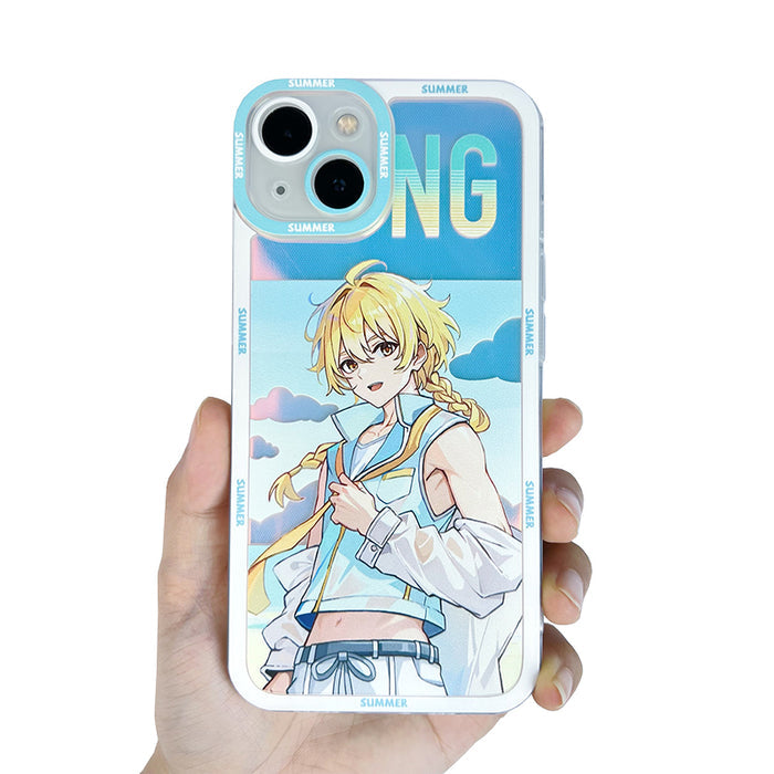 Genshin Impact Summer Phone Cases: light blue, white anime-style blonde character, anime, cartoon style