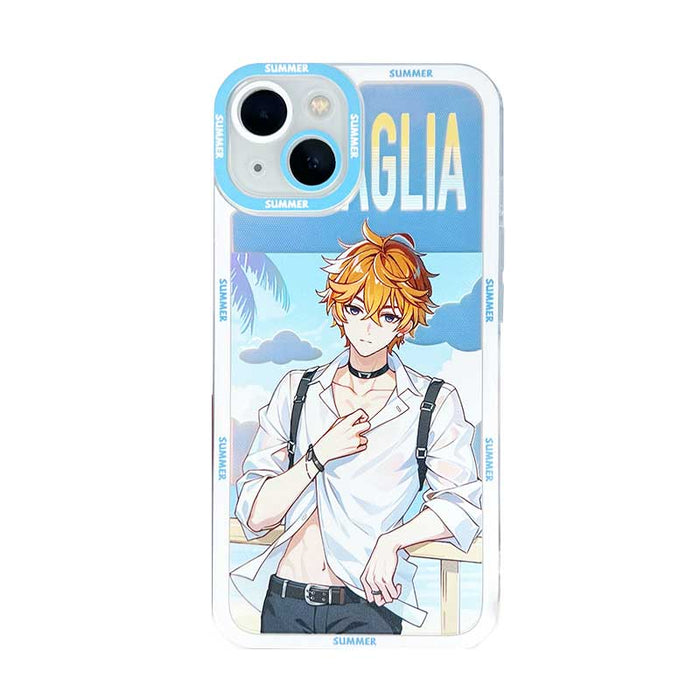 Genshin Impact Summer Phone Cases: light blue, white anime-style blonde character, anime, cartoon style