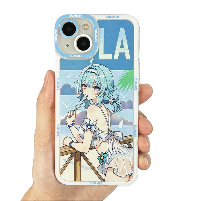 Genshin Impact Summer Phone Cases: light blue, white anime-style blonde character, anime, cartoon style