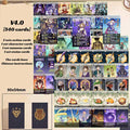 Genshin Impact TCG Cards and Dice: multicolor, black fantasy game/anime characters, anime/cartoon fantasy style