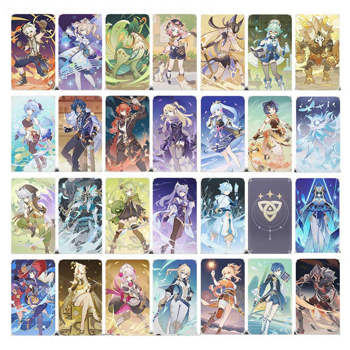 Genshin Impact TCG Cards and Dice: multicolor, black fantasy game/anime characters, anime/cartoon fantasy style