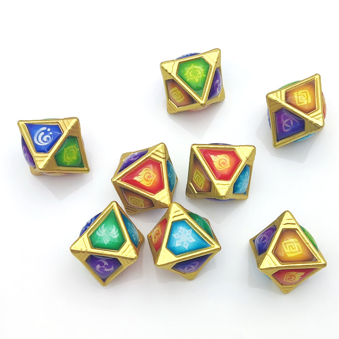 Genshin Impact TCG Cards and Dice: multicolor, black fantasy game/anime characters, anime/cartoon fantasy style