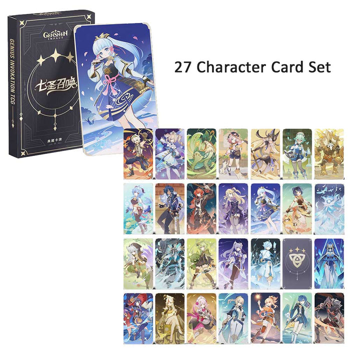 Genshin Impact TCG Cards and Dice: multicolor, black fantasy game/anime characters, anime/cartoon fantasy style