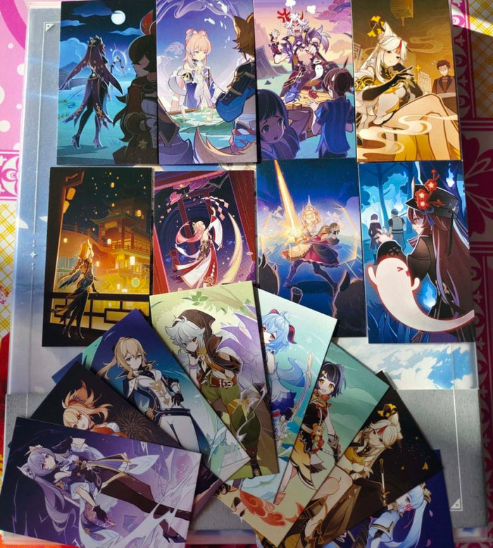 Genshin Impact TCG Cards and Dice: multicolor, black fantasy game/anime characters, anime/cartoon fantasy style