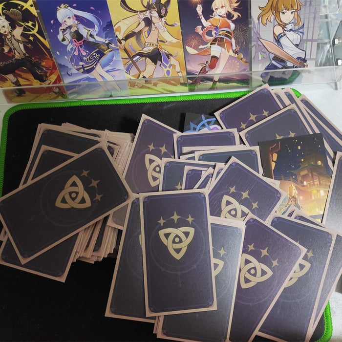 Genshin Impact TCG Cards and Dice: multicolor, black fantasy game/anime characters, anime/cartoon fantasy style