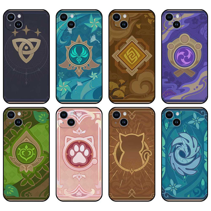 Genshin Impact TCG Phone Cases: navy, teal fantasy/game-inspired symbols and animal motifs, cartoon fantasy style