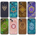 Genshin Impact TCG Phone Cases: navy, teal fantasy/game-inspired symbols and animal motifs, cartoon fantasy style
