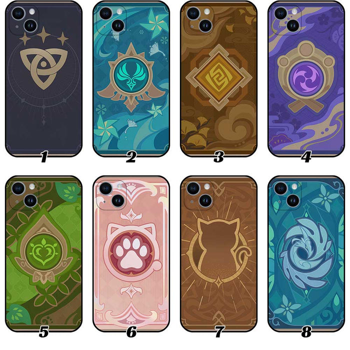 Genshin Impact TCG Phone Cases: navy, teal fantasy/game-inspired symbols and animal motifs, cartoon fantasy style