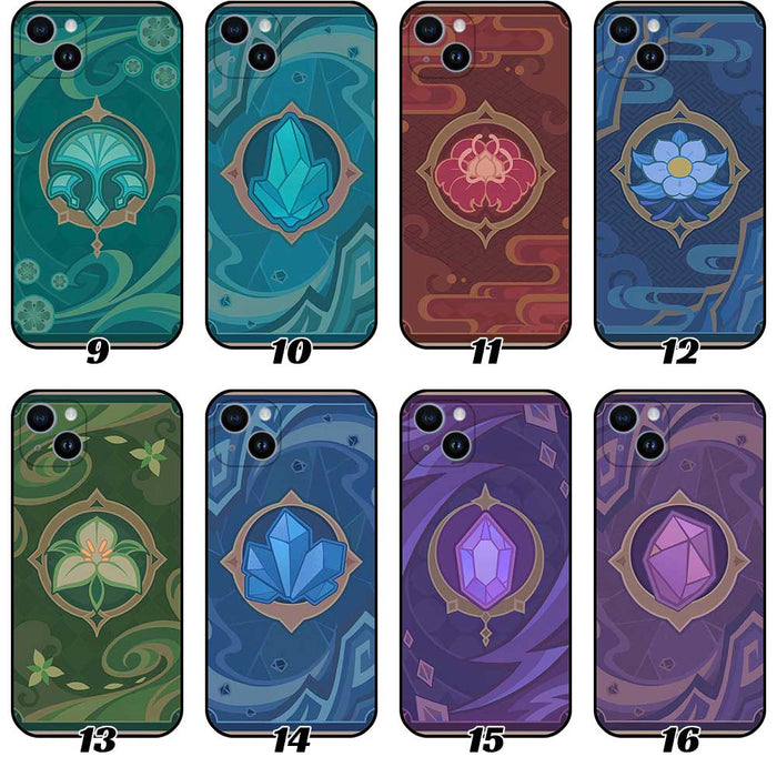 Genshin Impact TCG Phone Cases: navy, teal fantasy/game-inspired symbols and animal motifs, cartoon fantasy style