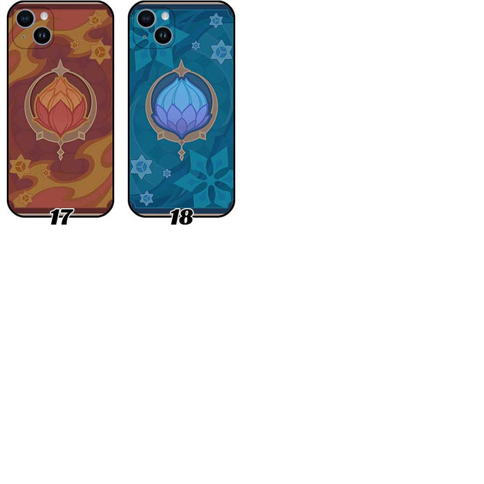 Genshin Impact TCG Phone Cases: navy, teal fantasy/game-inspired symbols and animal motifs, cartoon fantasy style