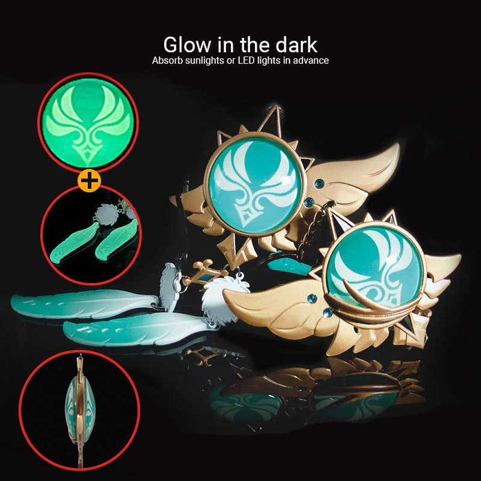 Genshin Impact Venti Vision Keychain: glowing turquoise green, brown fantasy winged emblem with feather charms, fantasy carto