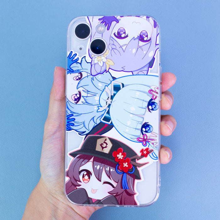 Genshin Impact Waifus Phone Case: white, light blue anime-style cartoon characters, kawaii anime cartoon style