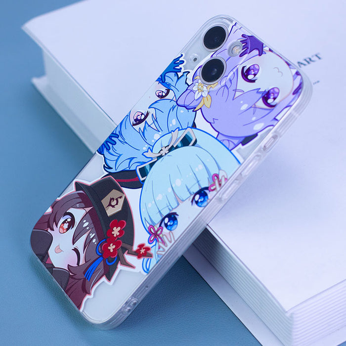 Genshin Impact Waifus Phone Case: white, light blue anime-style cartoon characters, kawaii anime cartoon style