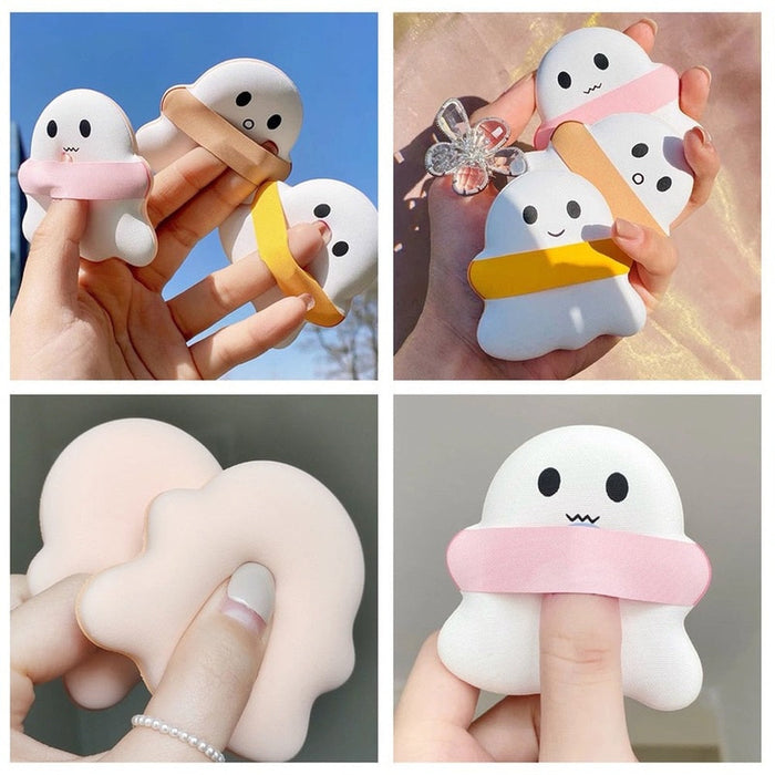 Ghostly Puff Sponge for Haunting Beauty: white, pink ghost character, kawaii cartoon style