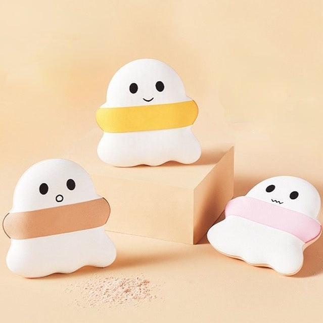 Ghostly Puff Sponge for Haunting Beauty: white, pink ghost character, kawaii cartoon style
