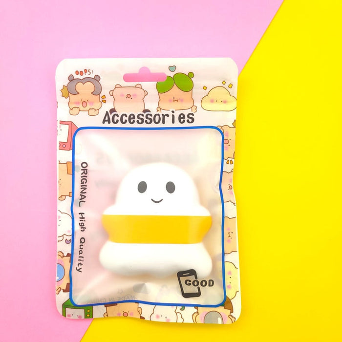 Ghostly Puff Sponge for Haunting Beauty: white, pink ghost character, kawaii cartoon style