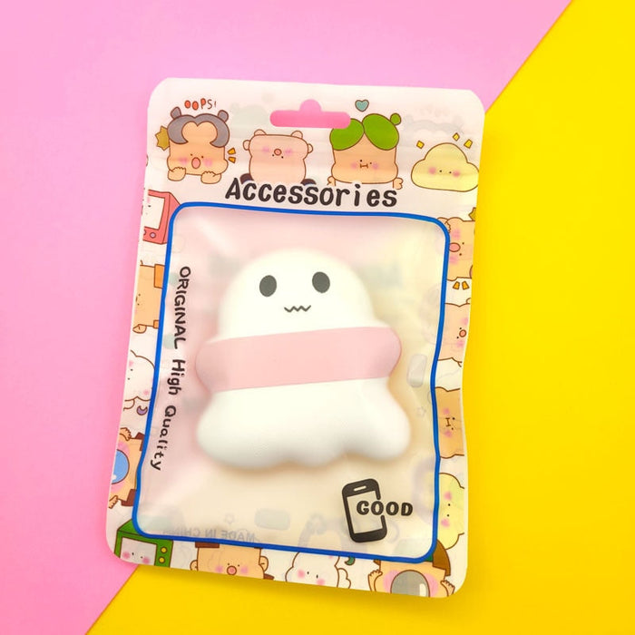 Ghostly Puff Sponge for Haunting Beauty: white, pink ghost character, kawaii cartoon style